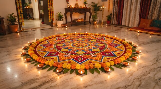 Beautiful colorful rangoli design on a marble floor decorated with marigold flowers and lit oil lamps for a festive celebration