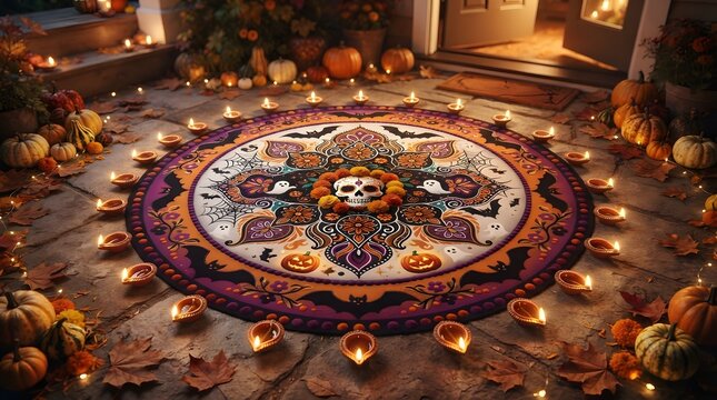Creative halloween themed rangoli art on a stone patio surrounded by pumpkins, autumn leaves, and glowing oil lamps
