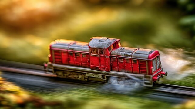 A classic red toy train speeds along tracks with motion blur and warm golden sunlight. Perfect for conceptual themes of travel, childhood, and nostalgia.