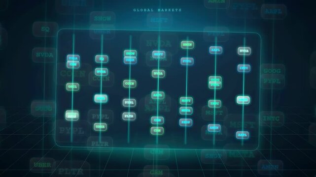Abstract digital financial data visualization with glowing blue stock market tickers and trading indicators
