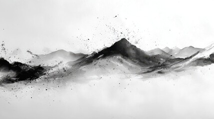 Obraz premium Abstract ink wash painting featuring dramatic mountain ranges with artistic black paint splatters on white background. Perfect for elegant minimalist design and oriental wall art.