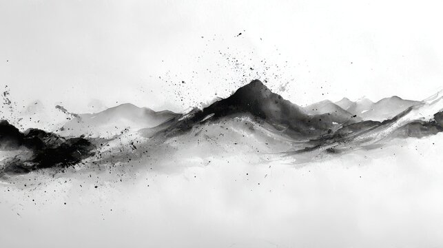 Abstract ink wash painting featuring dramatic mountain ranges with artistic black paint splatters on white background. Perfect for elegant minimalist design and oriental wall art.
