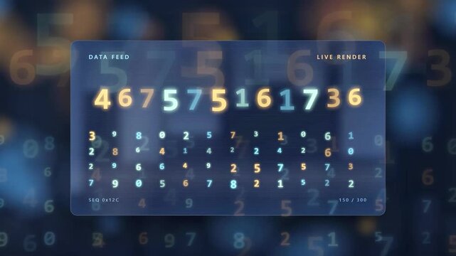 Digital data stream with scrolling numbers and financial statistics on a futuristic blue interface