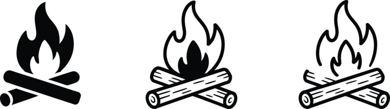 Campfire icon featuring bonfire flames, outdoor camping, wilderness adventure, nature, travel, and editable vector illustration.