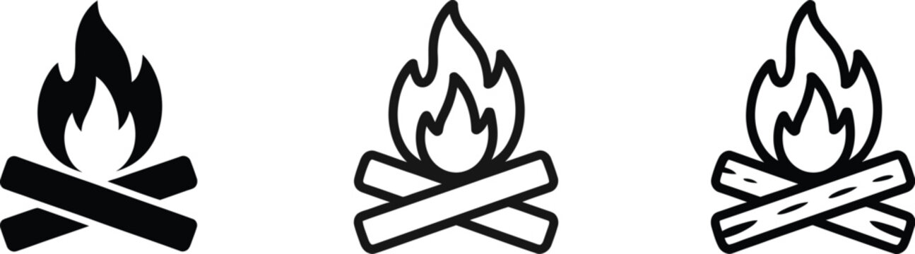 Campfire icon featuring bonfire flames, outdoor camping, wilderness adventure, nature, travel, and editable vector illustration.