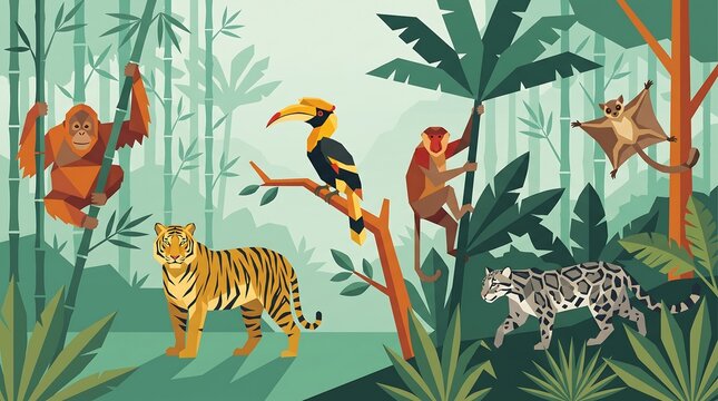 Tropical rainforest wildlife illustration with exotic animals in a lush jungle habitat.