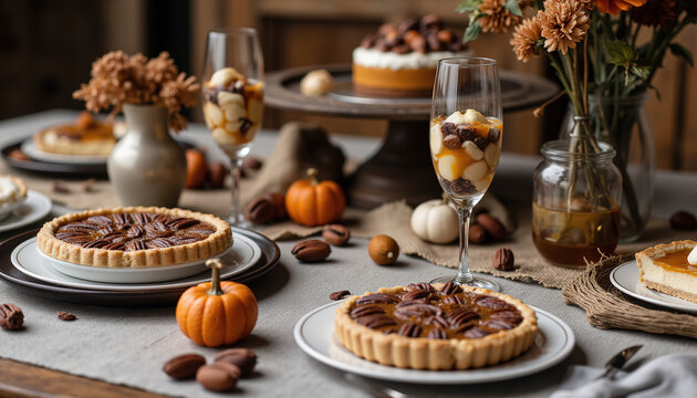 Festive Thanksgiving dessert table layout with pecan pies pumpkin treats parfaits and autumn flower decor