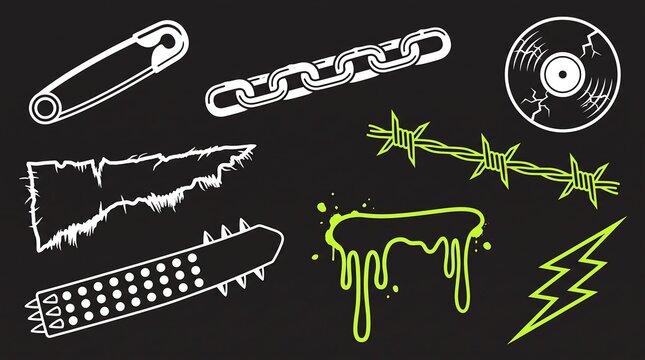 Set of punk rock and emo aesthetic hand drawn doodle icons on black background