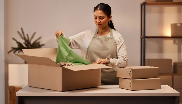 Mujer preparando un paquete con ropa en una caja de cart&oacute;n sobre una mesa rodeada de otros env&iacute;os