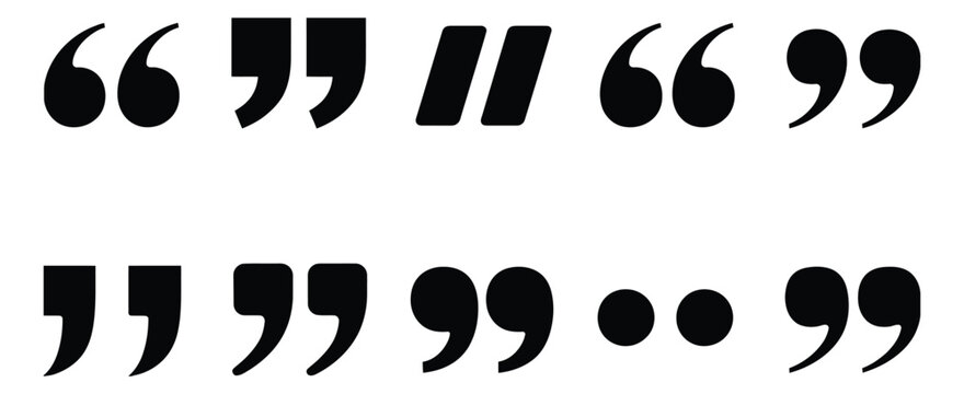 Quotation Mark Icon set, black silhouette symbols with speech bubbles, commas, punctuation accents and typographical brackets for blockquotes and citations vector design.  