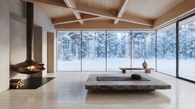Serene Zen Meditation Studio Surrounded by Snowy Forest in Winter 2