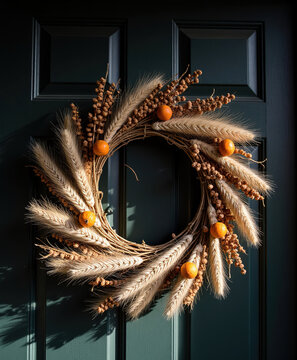 Rustic autumn wreath made of dried wheat stalks and orange berries hanging on dark green front door