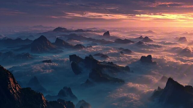 Fantasy Mountain Range Above a Sea of Clouds at Sunset