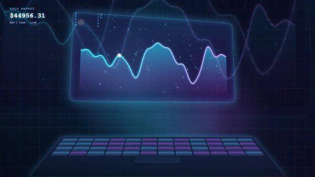 Digital financial stock market graph with fluctuating data lines on a futuristic holographic screen