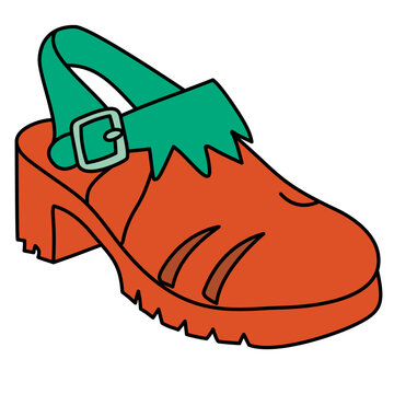 Pair of retro 70s orange wooden clogs with buckle vector illustration isolated on black background