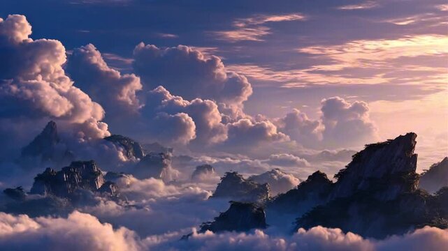 Fantasy Mountain Range Above a Sea of Clouds at Sunset