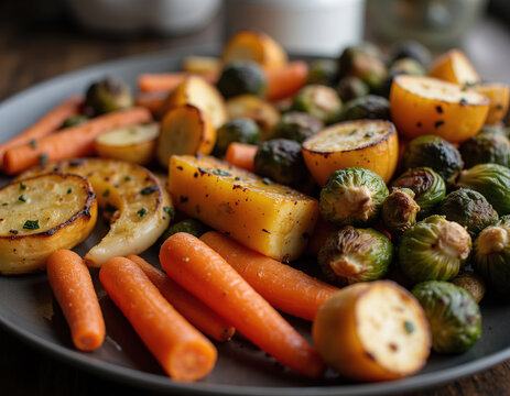 Roasted brussels sprouts carrots and yellow squash served on dark plate for healthy autumn dinner