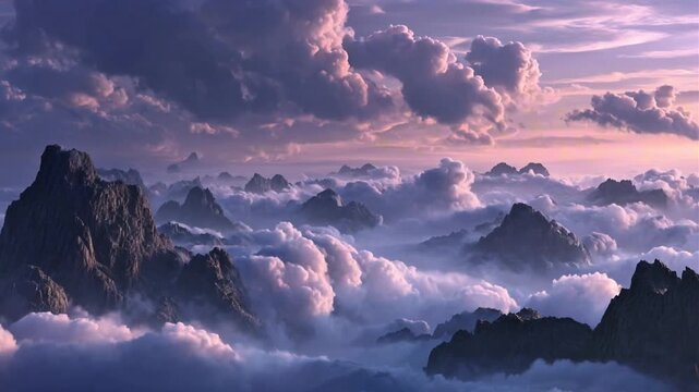 Fantasy Mountain Range Above a Sea of Clouds at Sunset
