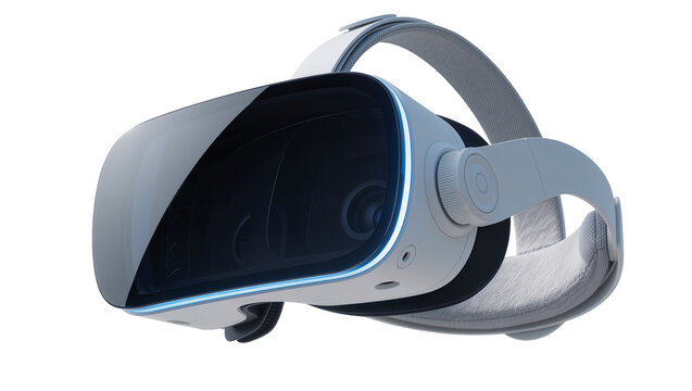 Modern white virtual reality headset with blue light accent, isolated on transparent background