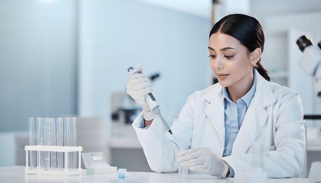 Mujer con bata blanca utilizando una pipeta en un laboratorio con tubos de ensayo y microscopio