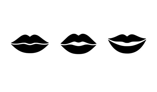 Beautiful female lips black silhouette vector set showing different mouth expressions including a closed relaxed pout slightly open teeth and wide smiling lips