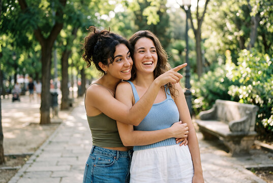 Two young women hugging in tree-lined park pathway smiling outdoors