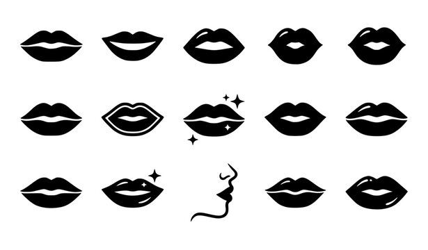 Beautiful female lips black silhouette icon set showing different expressions smiling kissing biting pouting open mouth gloss shine sparkles and face side profile line art