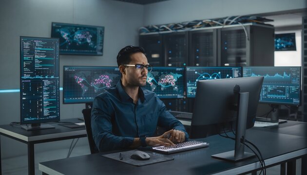 Hombre trabajando frente a varios monitores en una sala tecnol&oacute;gica con servidores y pantallas de datos