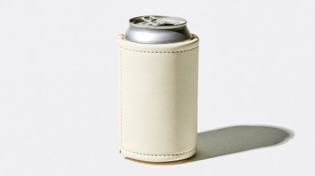 Cream leather beverage cooler sleeve holding a soda can isolated on white background. Useful for product branding or summer drink marketing campaigns.