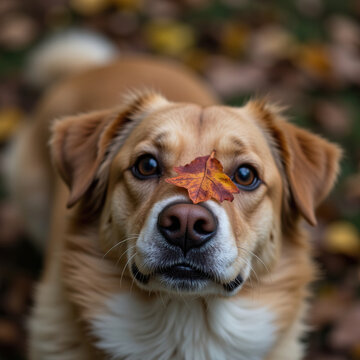 Adorable golden retriever dog looking at camera with dry autumn leaf balancing on its nose outdoors