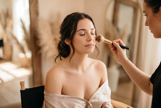 Young woman receiving professional makeup application in beauty salon