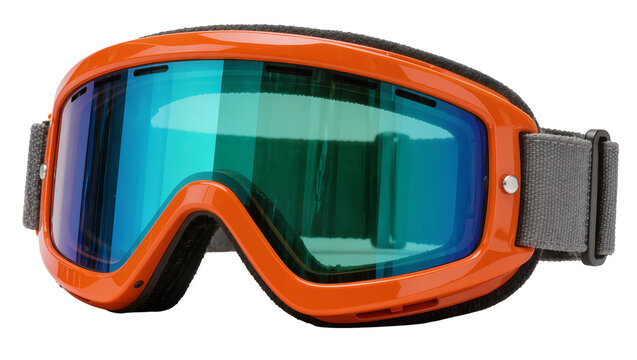 Orange ski goggles with blue mirrored lenses, isolated on transparent background