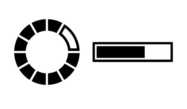 Web user interface loading progress bar indicator beside circular segmented buffering status download wheel vector icon collection for software update and website design