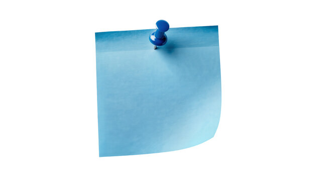Blue paper sticky note secured with a blue pushpin, isolated on transparent background