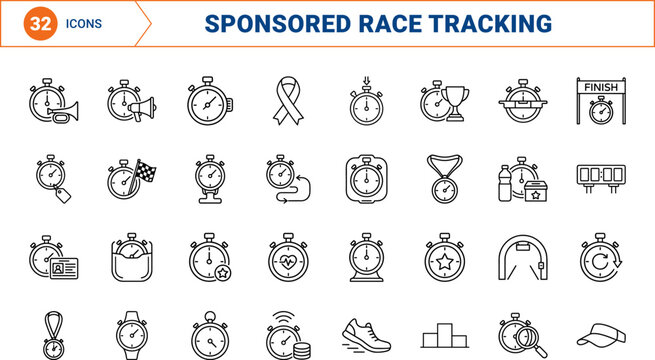 Stopwatch Sponsored Run Timing Web Icon Set in Linear Style. Collection of Race Tracker line icons, including marathon, charity run, timing chip, race tracking, sponsorship, finish line.
