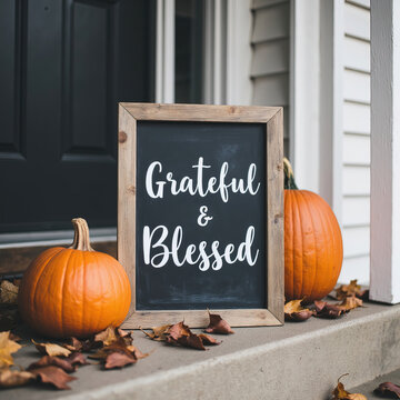 Grateful and Blessed sign on autumn porch with pumpkins and dried leaves