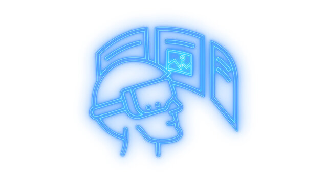 Glowing neon virtual reality headset user icon isolated on transparent background. Metaverse goggles. Cyberpunk UI. AR simulation. Future technology.