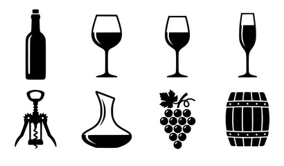 Obraz premium Winery and wine tasting icon set featuring black silhouettes of wine bottle elegant glassware corkscrew decanter grape bunch and traditional wooden aging barrel