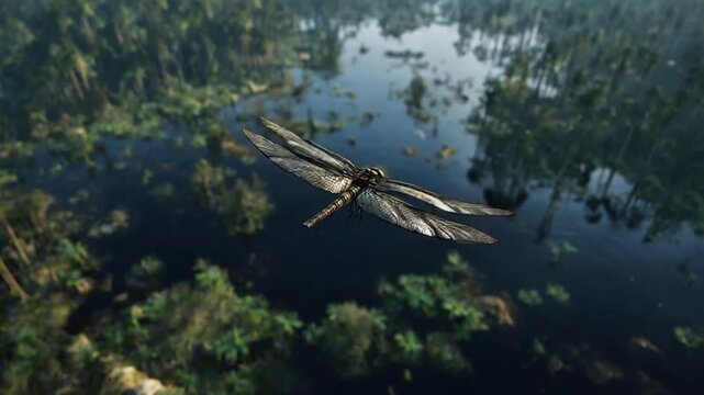 Meganeura Flying Over an Ancient Prehistoric Wetland