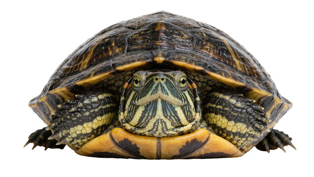 Detailed red-eared slider turtle with patterned shell and yellow stripes, isolated on transparent background