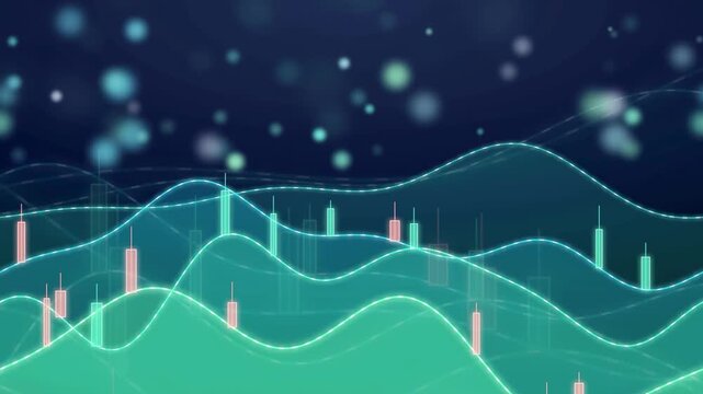 Abstract Digital Financial Chart with Candlestick Graphs and Glowing Data Lines on Dark Blue Background