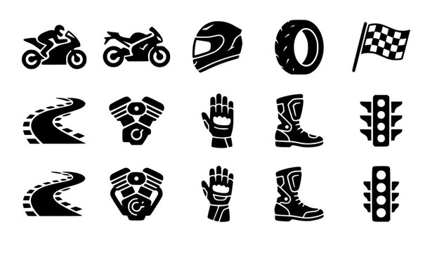 Motorcycle racing icon set featuring sport bike riders helmets tires checkered flags engines gloves boots and traffic lights isolated vector silhouettes