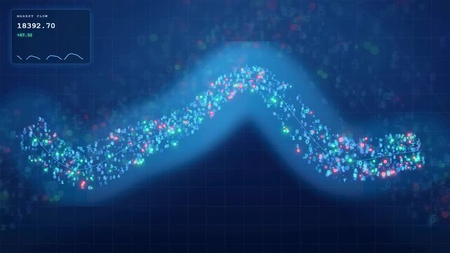 Abstract digital data stream with glowing particles flowing across a blue technological grid background