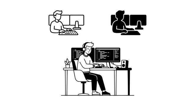 Programmer Working on Dual Monitors, Coding Icon Set, Developer at Desk Vector