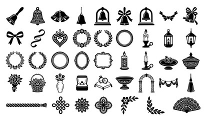 Naklejka premium Vintage Wedding Decor Bells Wreaths and Ornamental Elements Glyph Icon Set