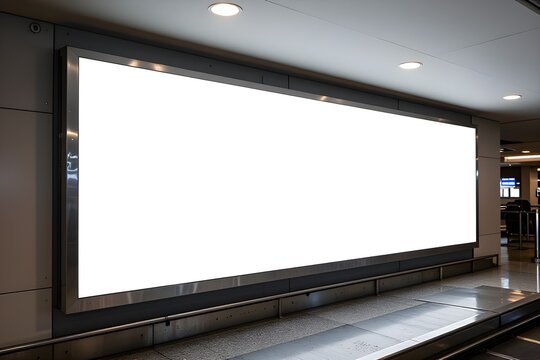 Large bright mock-up billboard beside an airport-style travelator in a clean modern corridor, illuminated by soft ceiling lights and offering spacious template space for advert design, banner template