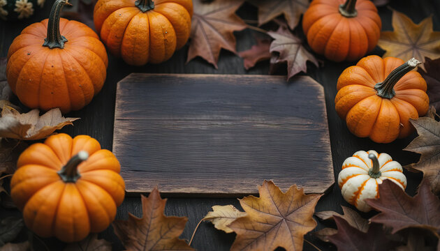 Empty wooden board mockup framed by orange pumpkins and autumn fallen leaves