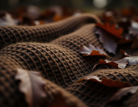 Close-up texture of cozy brown knitted wool blanket with fallen autumn leaves
