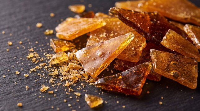 Shattered toffee candy pieces scattered on dark surface