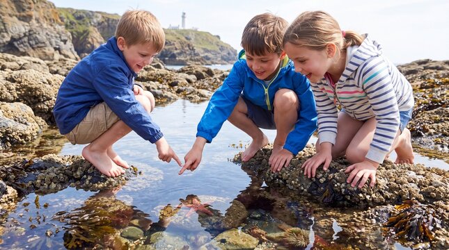 Children exploring tide pool animals on rocky seashore